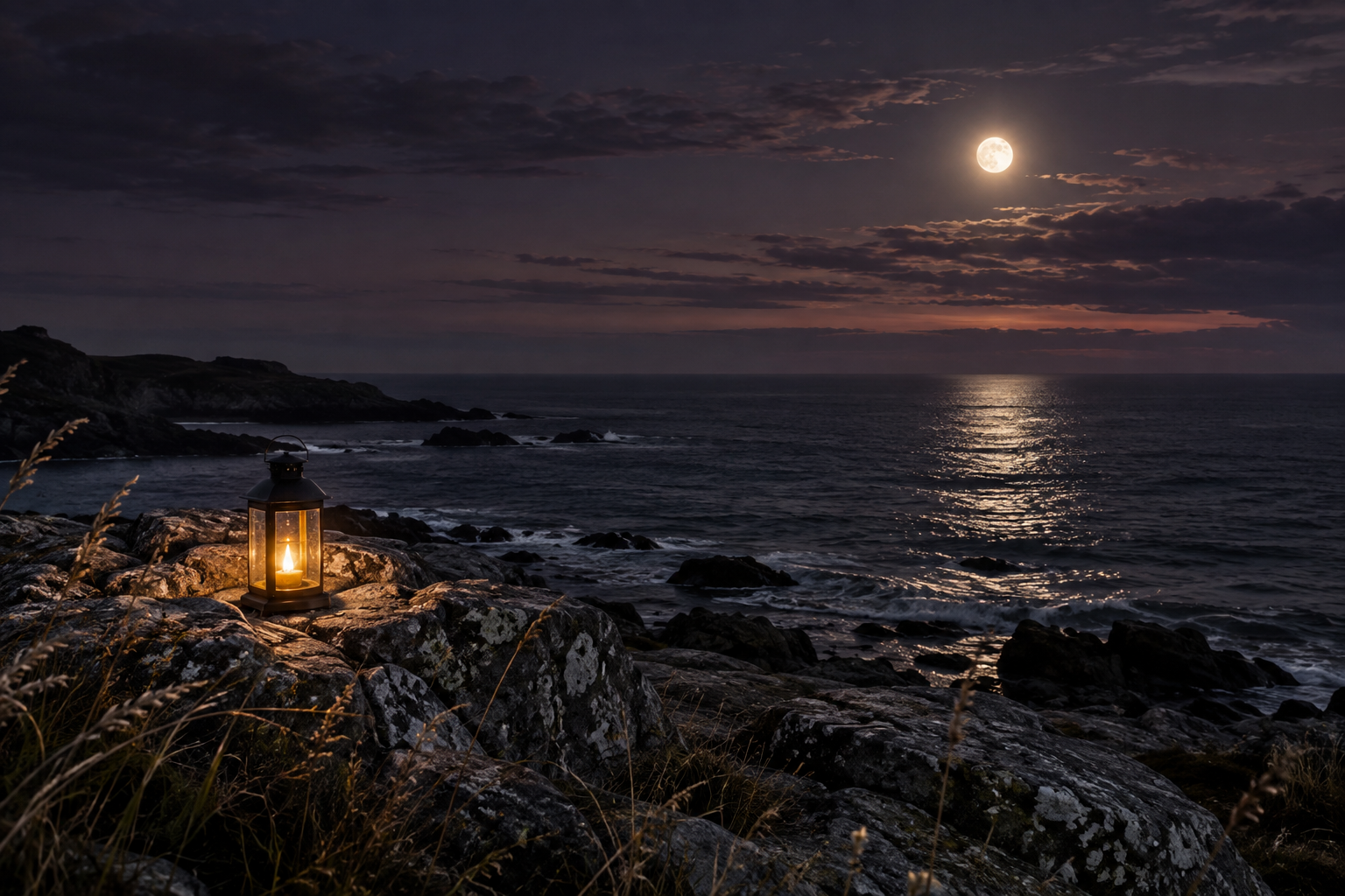A warm lantern beside a quiet sea beneath the moon